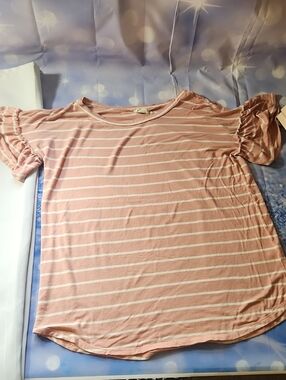 BiBi Pink and White Striped Ruffle Sleeve Tee